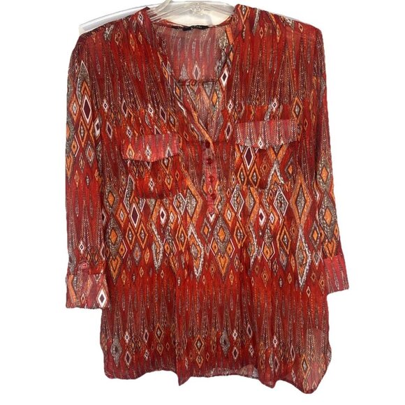 Zac & Rachel Women's Colorful Chiffon Roll Tab Sleeve Button Front Blouse Top L - Picture 1 of 9